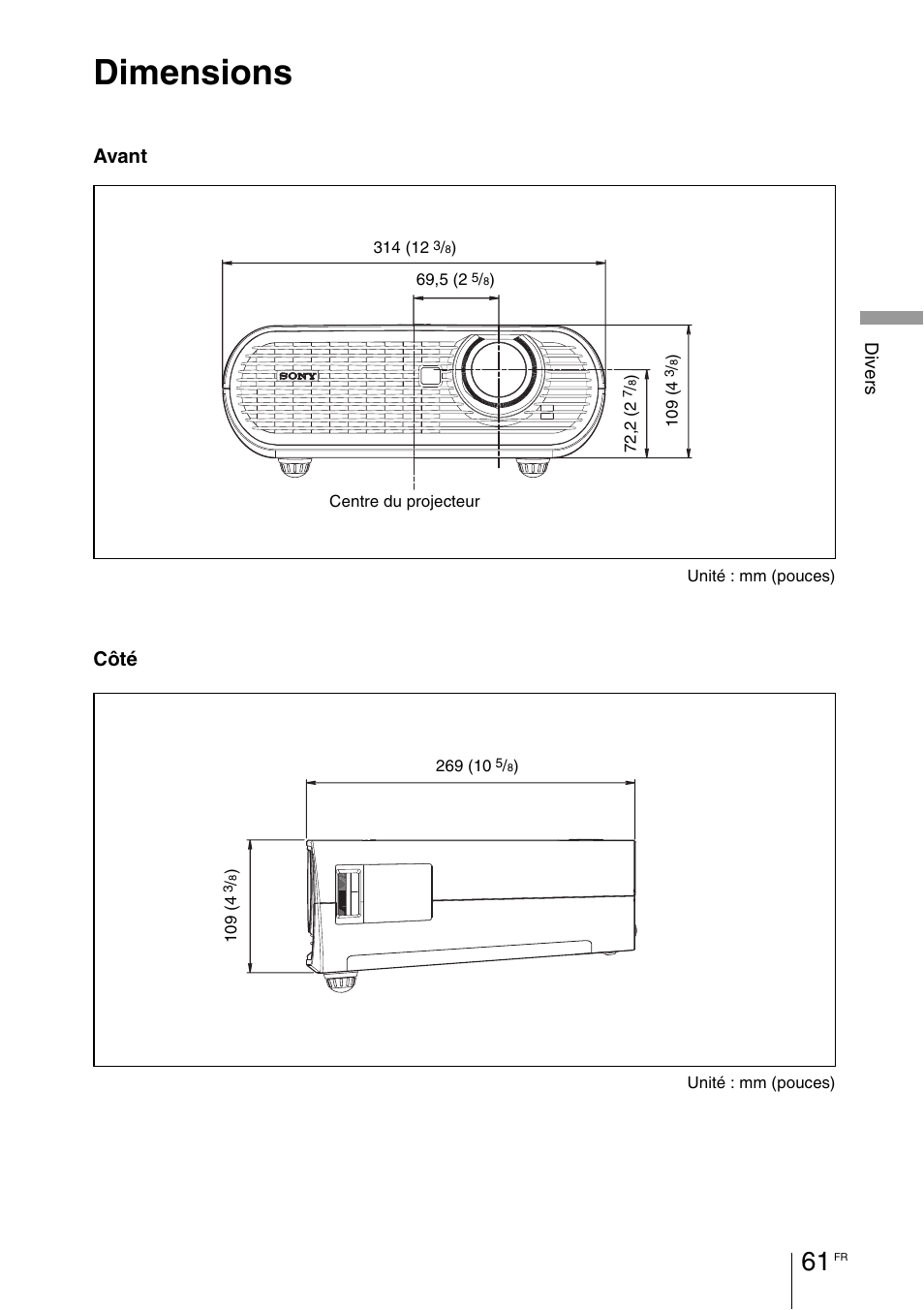 Dimensions, Avant, Côté | Sony VPL-BW7 User Manual | Page 123 / 324