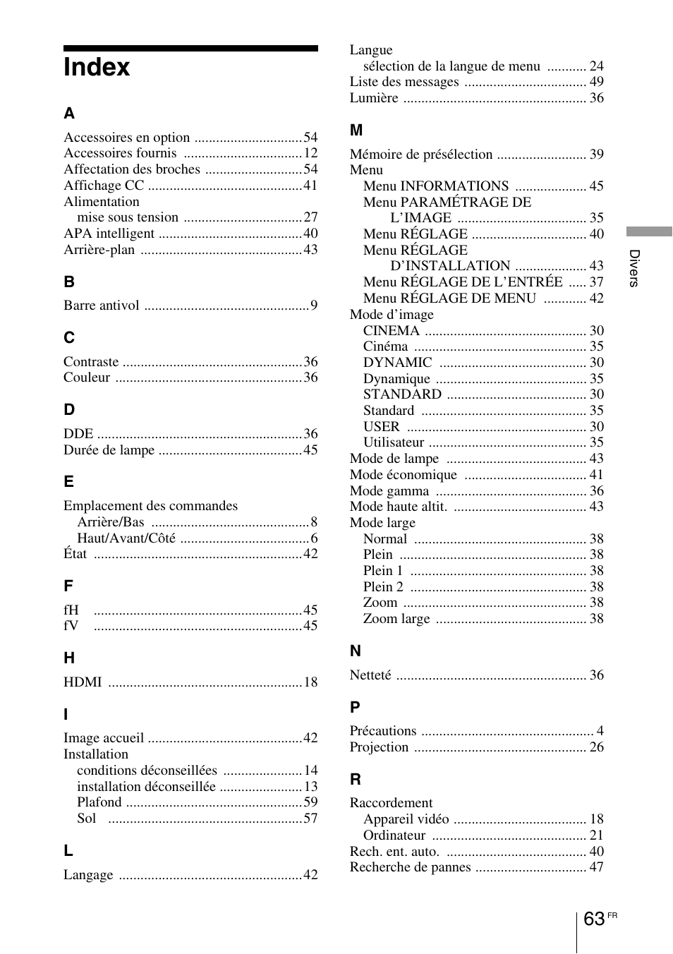 Index | Sony VPL-BW7 User Manual | Page 125 / 324