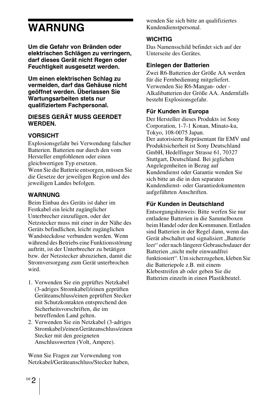 Warnung | Sony VPL-BW7 User Manual | Page 128 / 324