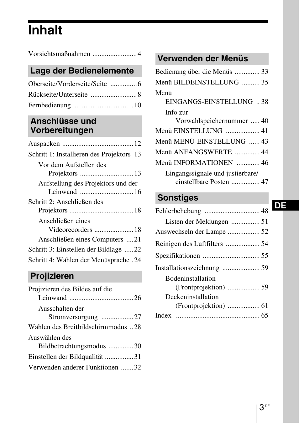 Inhalt | Sony VPL-BW7 User Manual | Page 129 / 324