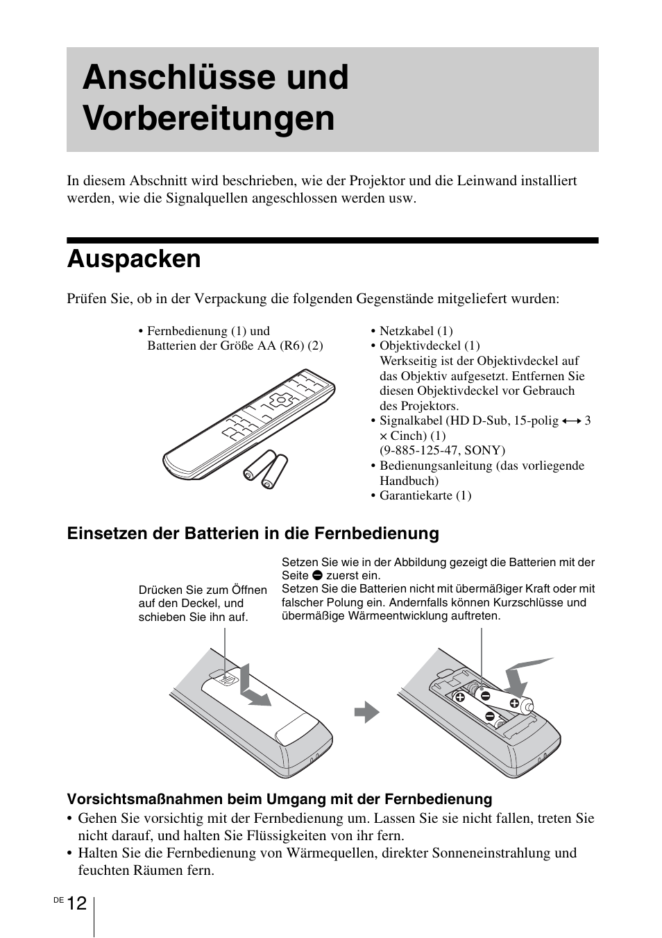 Anschlüsse und vorbereitungen, Auspacken | Sony VPL-BW7 User Manual | Page 138 / 324