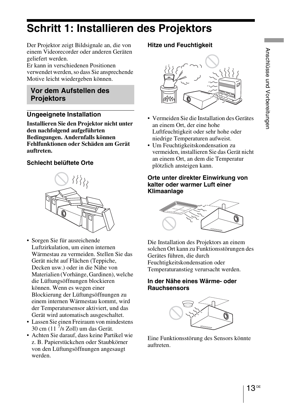 Schritt 1: installieren des projektors, Vor dem aufstellen des projektors, Schritt 1: installieren des projektors 13 | Vor dem aufstellen des, Projektors | Sony VPL-BW7 User Manual | Page 139 / 324