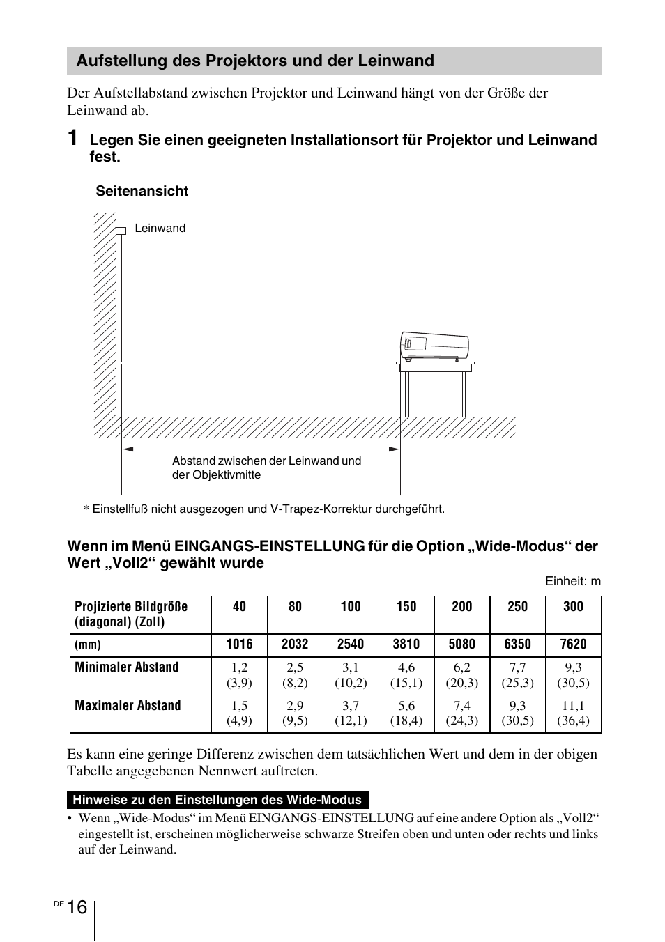 Aufstellung des projektors und der leinwand, Aufstellung des projektors und der, Leinwand | Sony VPL-BW7 User Manual | Page 142 / 324