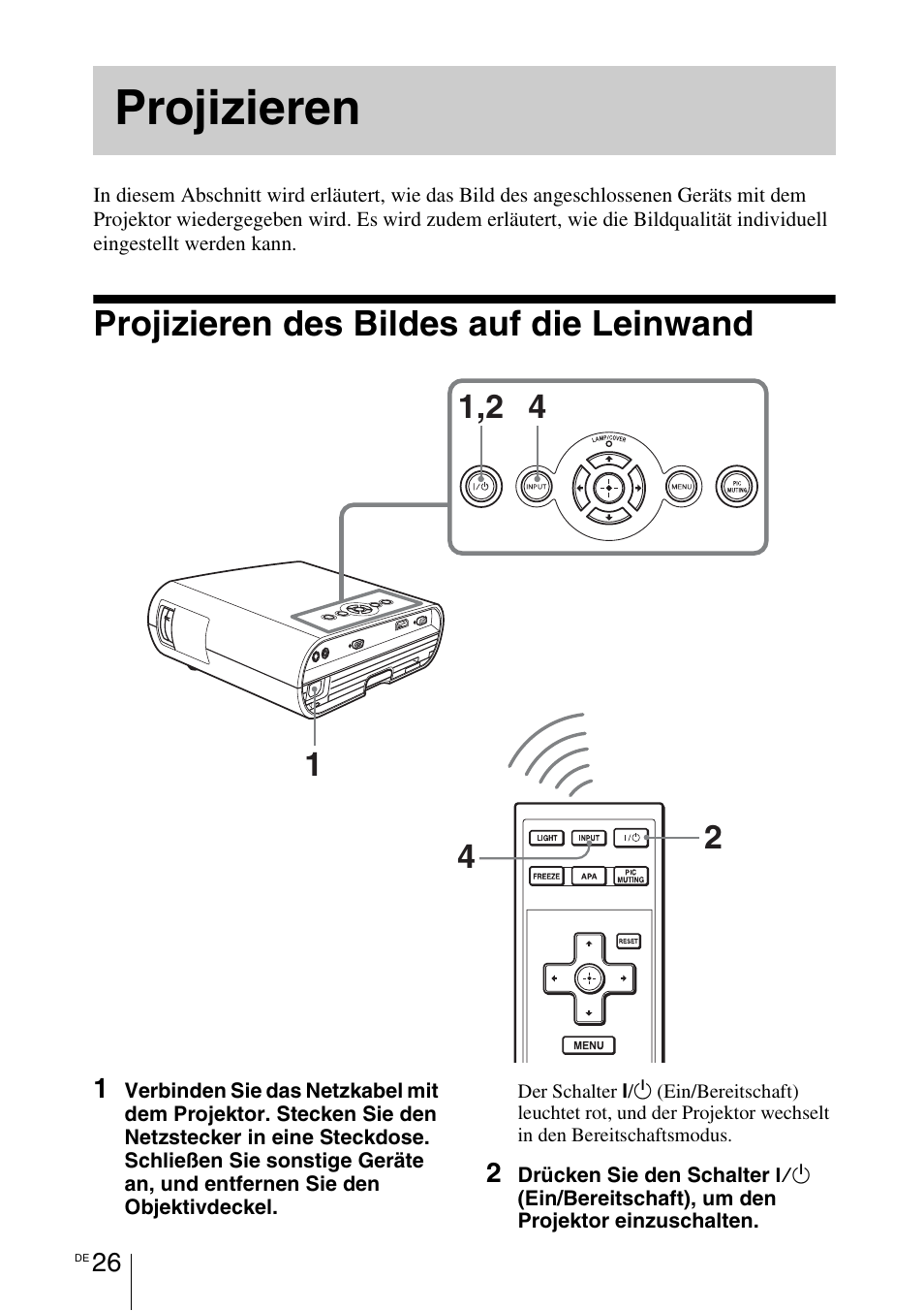 Projizieren, Projizieren des bildes auf die leinwand, Projizieren des bildes auf die | Leinwand | Sony VPL-BW7 User Manual | Page 152 / 324