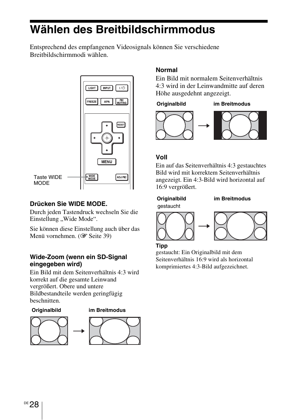 Wählen des breitbildschirmmodus | Sony VPL-BW7 User Manual | Page 154 / 324