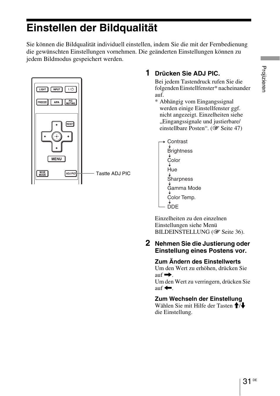 Einstellen der bildqualität, Seiten 31 | Sony VPL-BW7 User Manual | Page 157 / 324