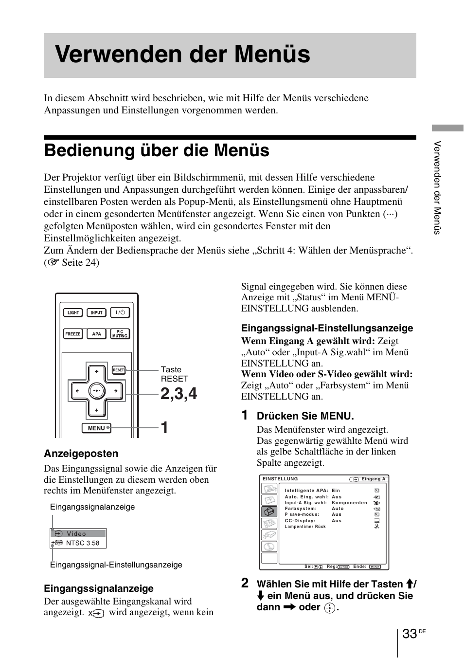 Verwenden der menüs, Bedienung über die menüs | Sony VPL-BW7 User Manual | Page 159 / 324