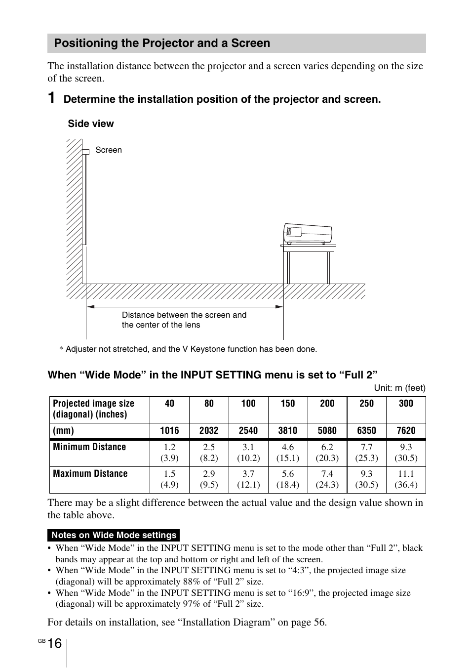 Positioning the projector and a screen, Positioning the projector and a, Screen | Sony VPL-BW7 User Manual | Page 16 / 324