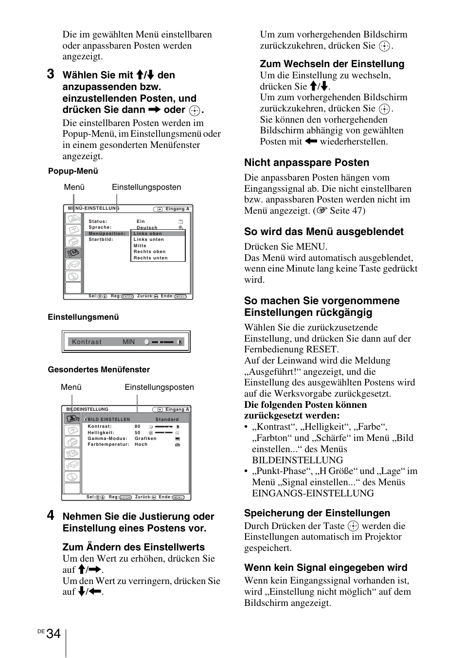 Nicht anpasspare posten, So wird das menü ausgeblendet | Sony VPL-BW7 User Manual | Page 160 / 324