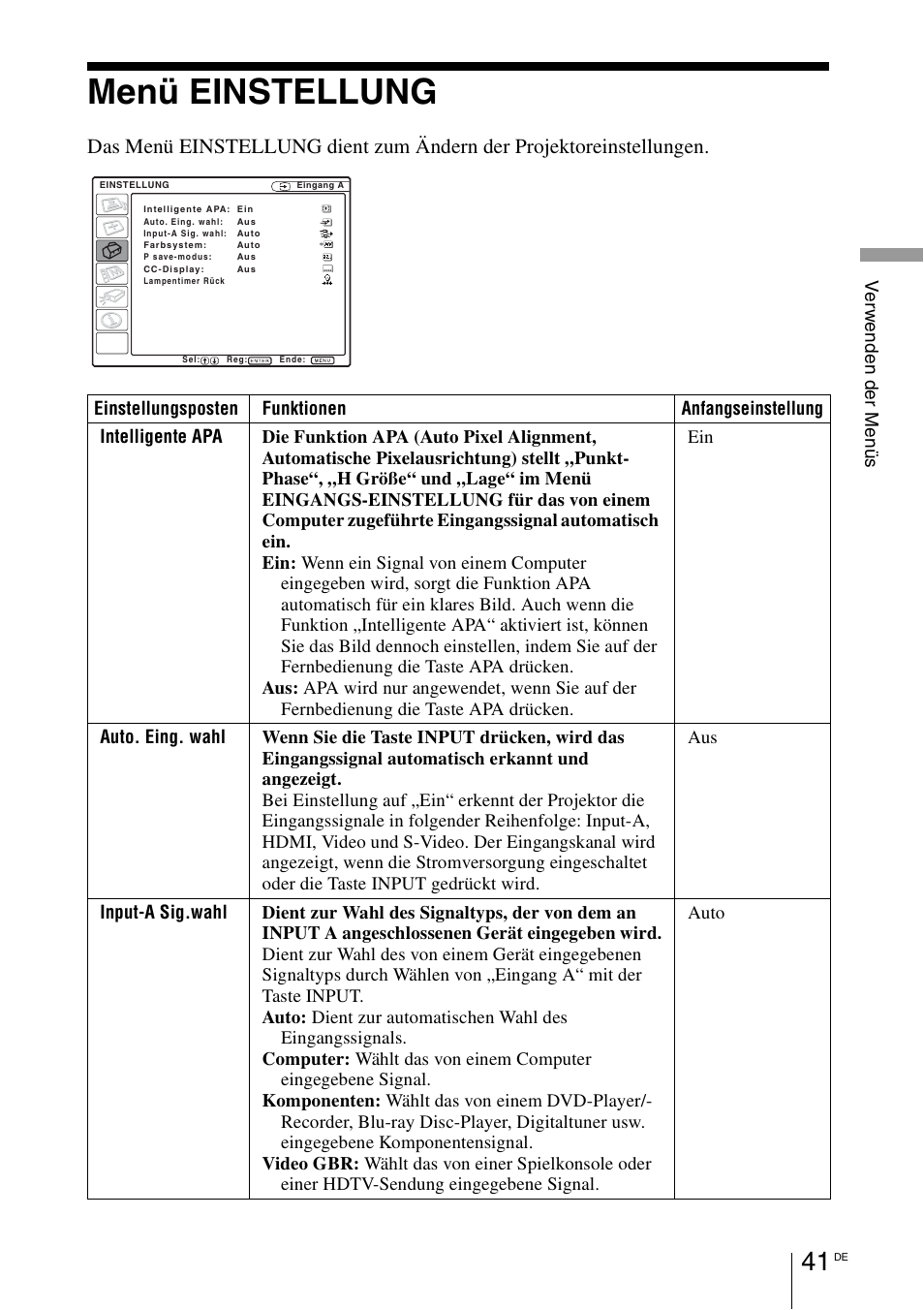 Menü einstellung, 1 seite | Sony VPL-BW7 User Manual | Page 167 / 324