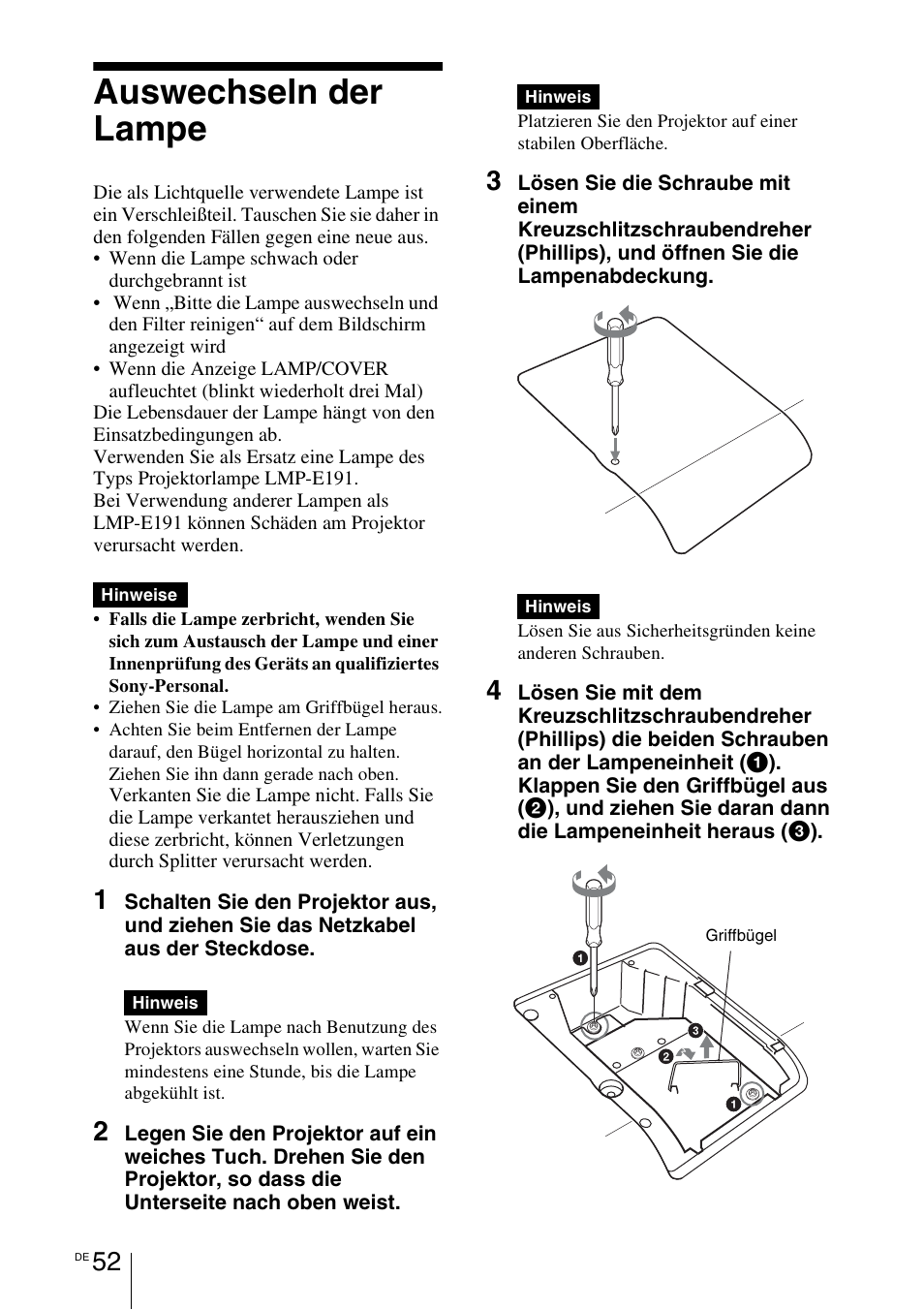 Auswechseln der lampe, 1 seite, 1 seite 52) | 1 seiten 52, S (1 seite 52) | Sony VPL-BW7 User Manual | Page 178 / 324