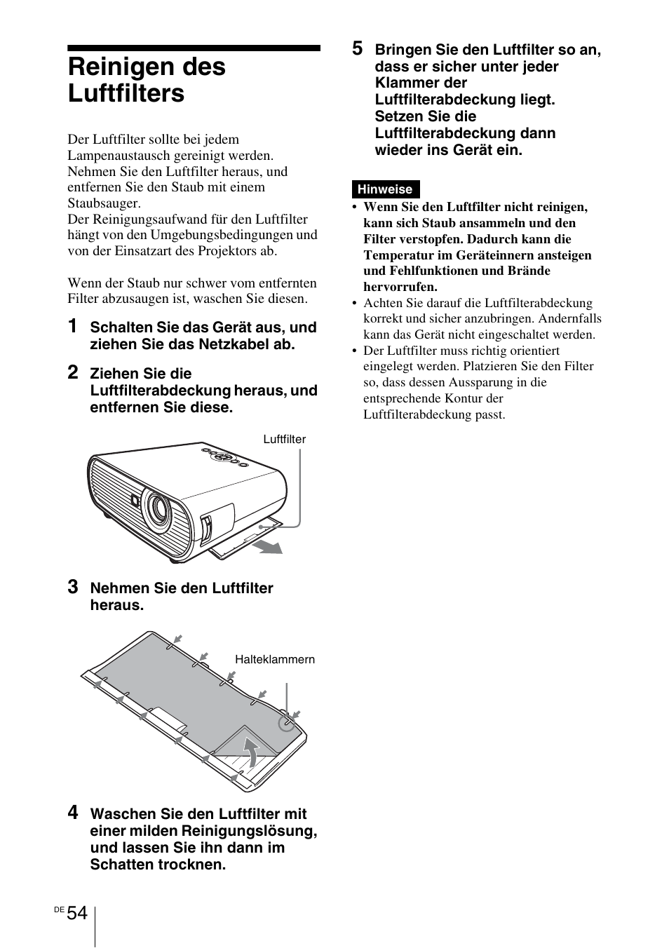 Reinigen des luftfilters, 1 seite 54), 1 seite | Sony VPL-BW7 User Manual | Page 180 / 324