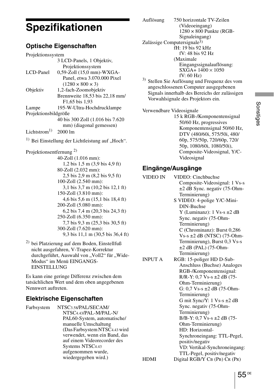 Spezifikationen, Optische eigenschaften, Elektrische eigenschaften | Eingänge/ausgänge | Sony VPL-BW7 User Manual | Page 181 / 324