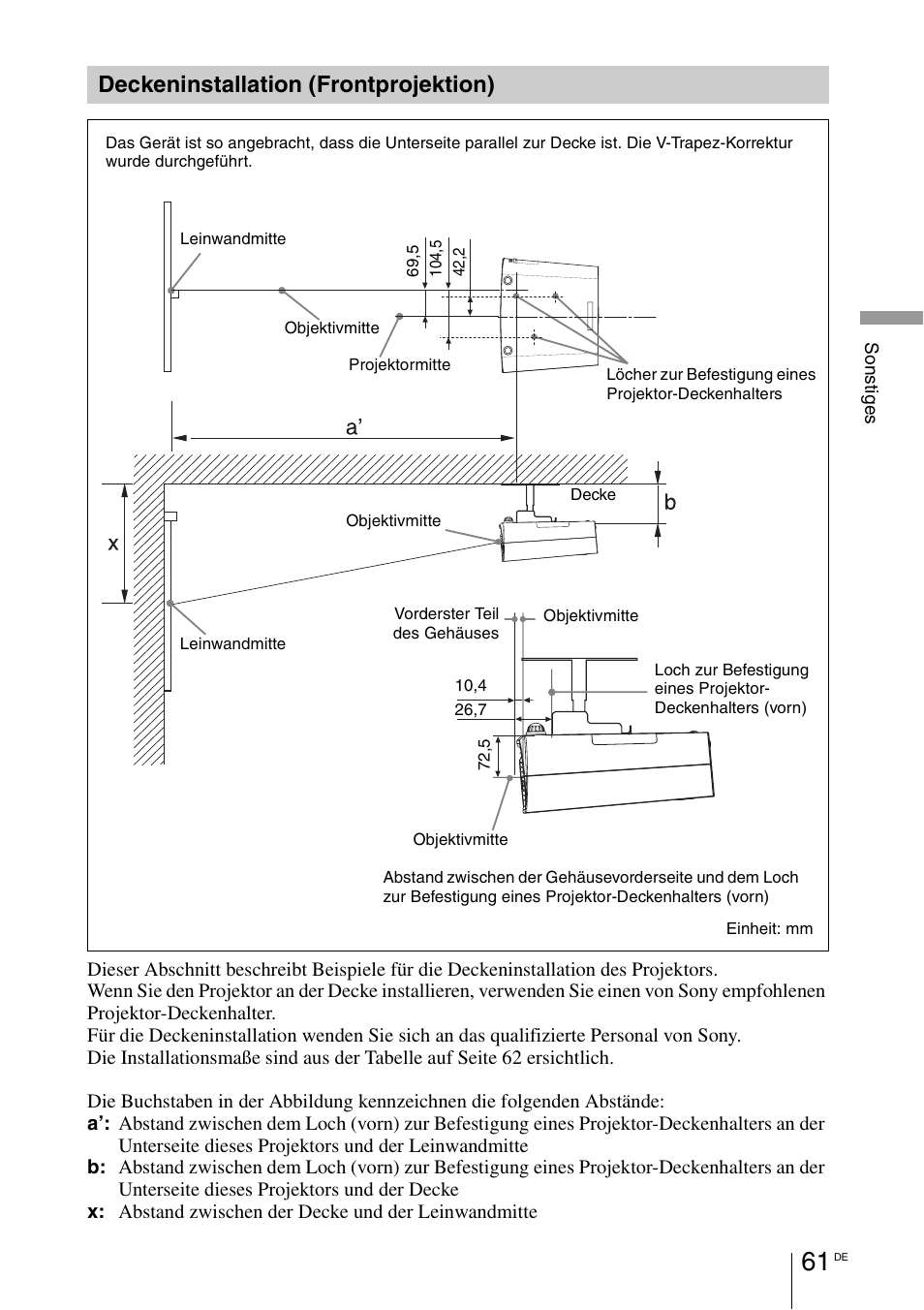 Deckeninstallation (frontprojektion), Deckeninstallation, Frontprojektion) | Sony VPL-BW7 User Manual | Page 187 / 324