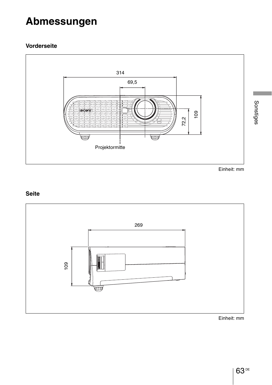 Abmessungen | Sony VPL-BW7 User Manual | Page 189 / 324