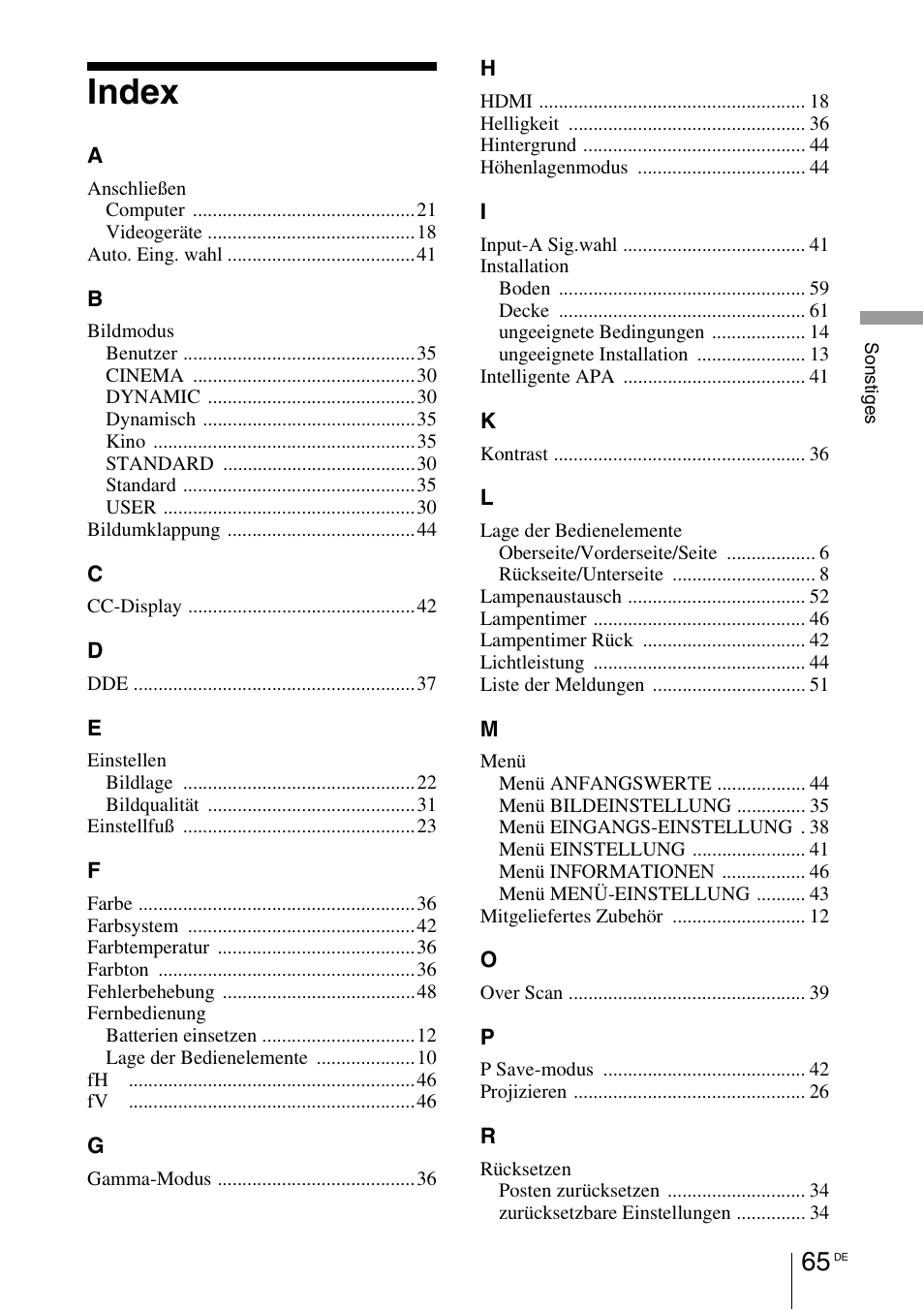 Index | Sony VPL-BW7 User Manual | Page 191 / 324