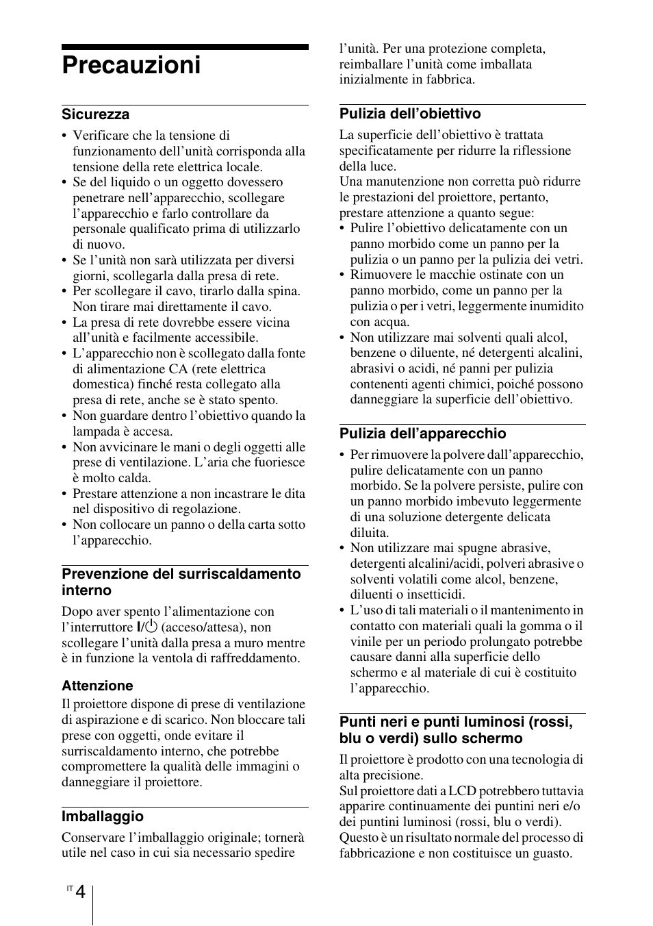 Precauzioni | Sony VPL-BW7 User Manual | Page 196 / 324