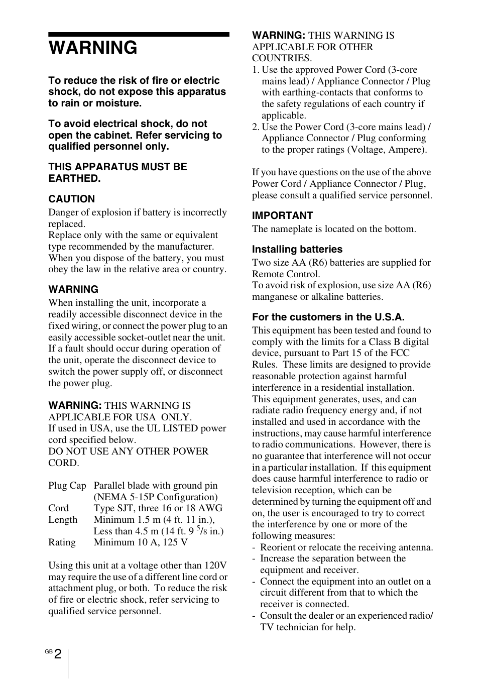 Warning | Sony VPL-BW7 User Manual | Page 2 / 324