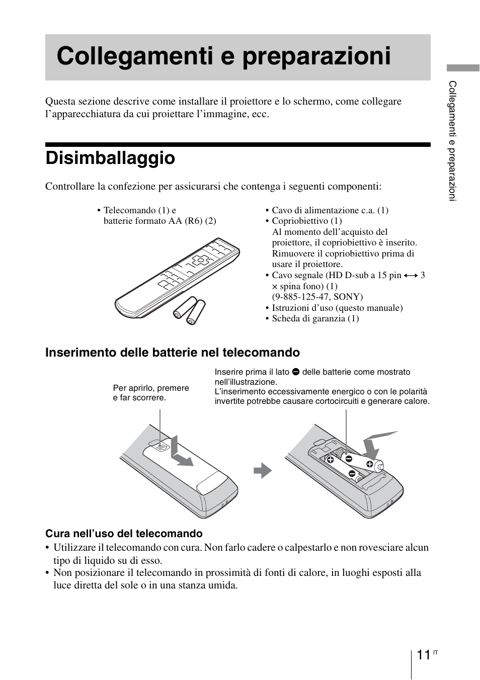 Collegamenti e preparazioni, Disimballaggio | Sony VPL-BW7 User Manual | Page 203 / 324