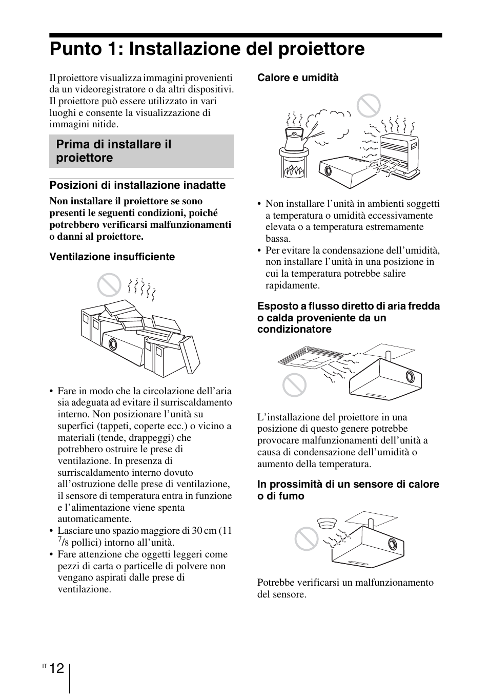 Punto 1: installazione del proiettore, Prima di installare il proiettore, Punto 1: installazione del proiettore 12 | Sony VPL-BW7 User Manual | Page 204 / 324