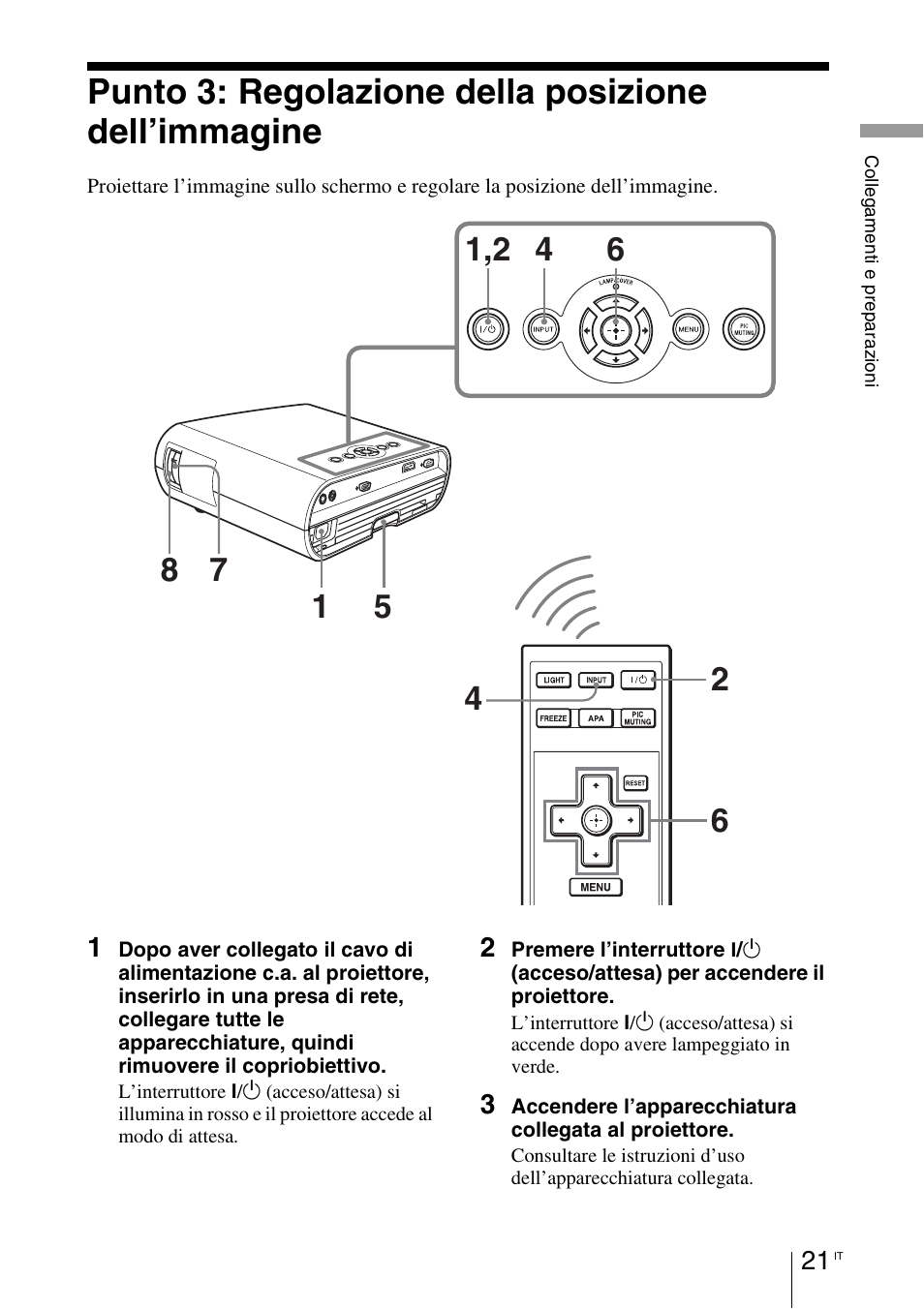 Punto 3: regolazione della posizione dell’immagine, Punto 3: regolazione della posizione, Dell’immagine | Sony VPL-BW7 User Manual | Page 213 / 324