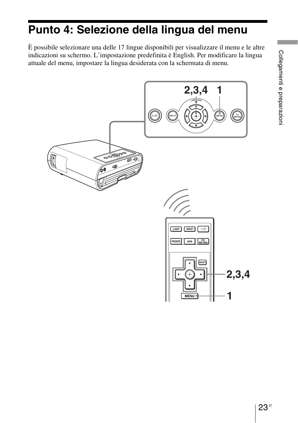 Punto 4: selezione della lingua del menu, Punto 4: selezione della lingua del, Menu | Sony VPL-BW7 User Manual | Page 215 / 324