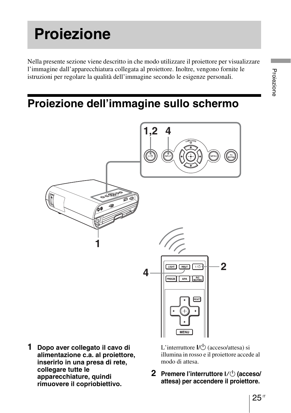 Proiezione, Proiezione dell’immagine sullo schermo, Proiezione dell’immagine sullo | Schermo | Sony VPL-BW7 User Manual | Page 217 / 324