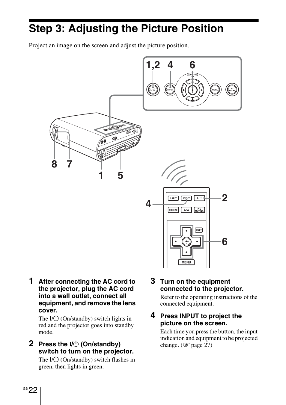 Step 3: adjusting the picture position, Step 3: adjusting the picture, Position | Sony VPL-BW7 User Manual | Page 22 / 324