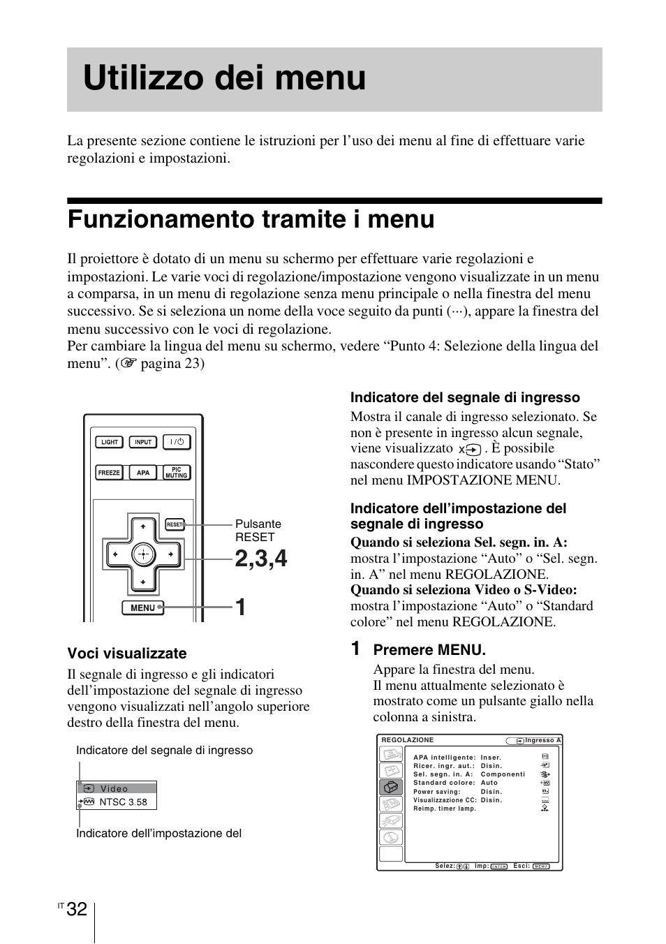 Utilizzo dei menu, Funzionamento tramite i menu | Sony VPL-BW7 User Manual | Page 224 / 324