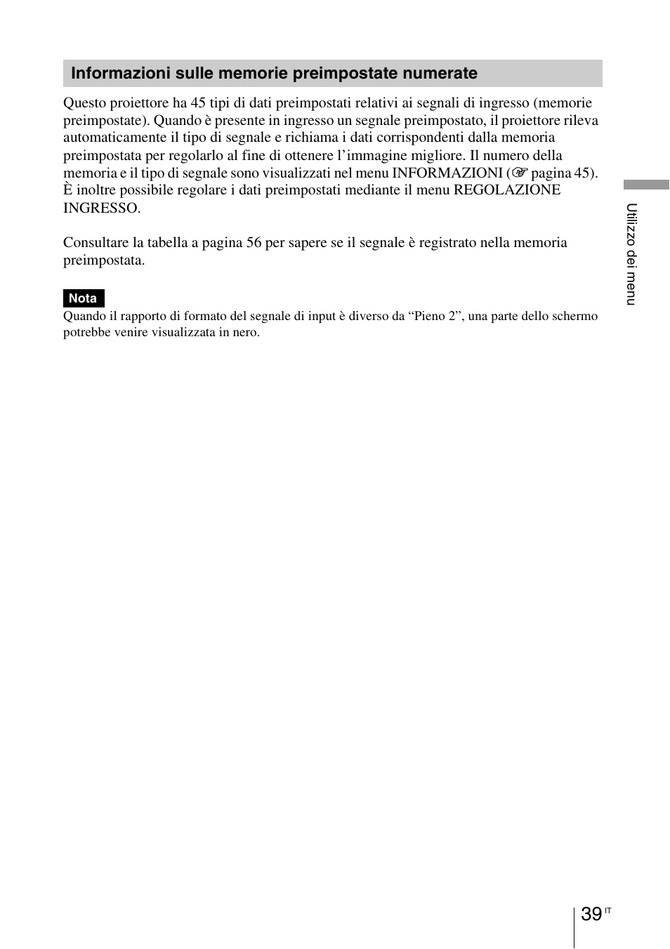 Informazioni sulle memorie preimpostate numerate, Informazioni sulle memorie, Preimpostate numerate | Sony VPL-BW7 User Manual | Page 231 / 324