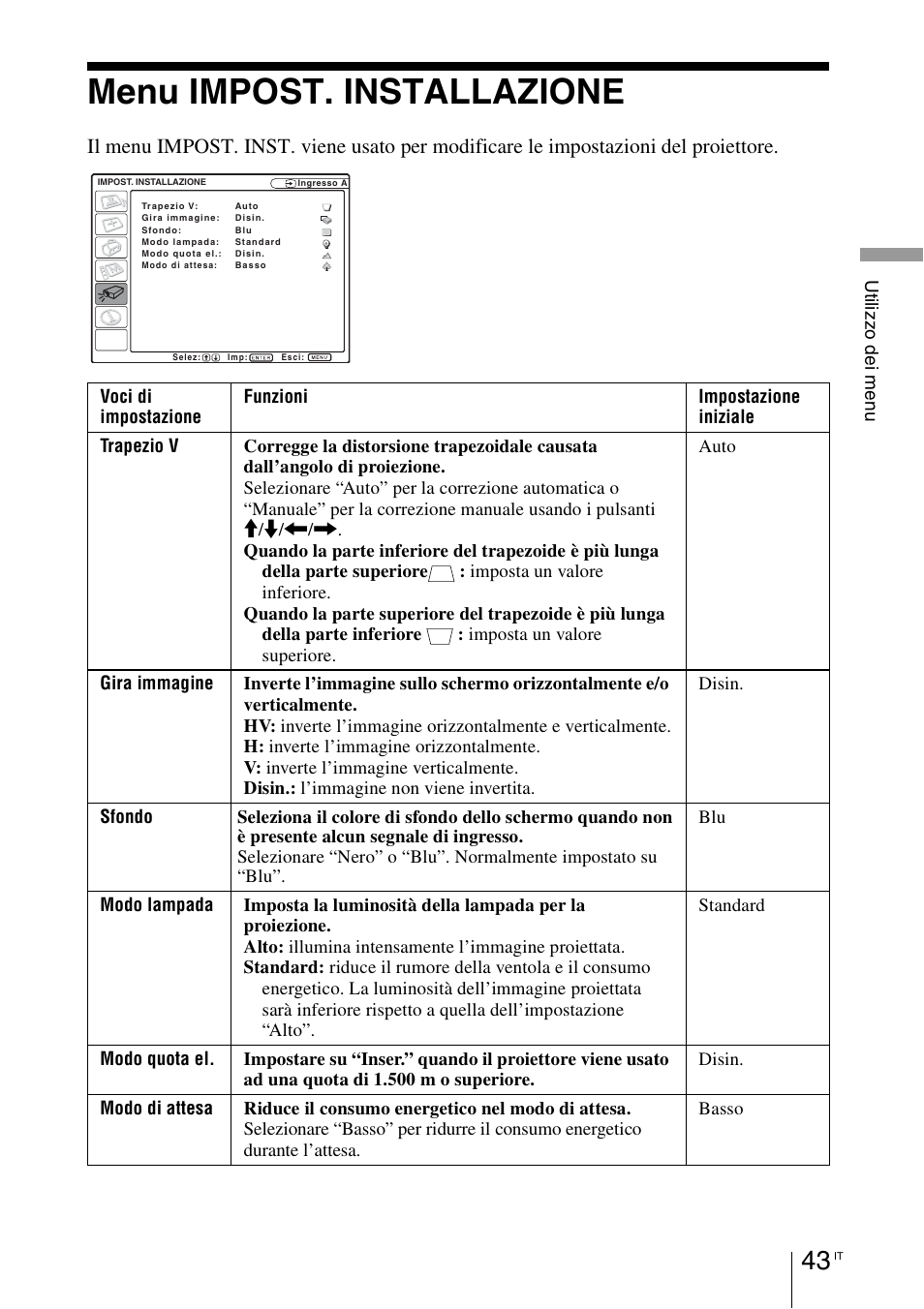 Menu impost. installazione, Menu, Impost. installazione | Sony VPL-BW7 User Manual | Page 235 / 324