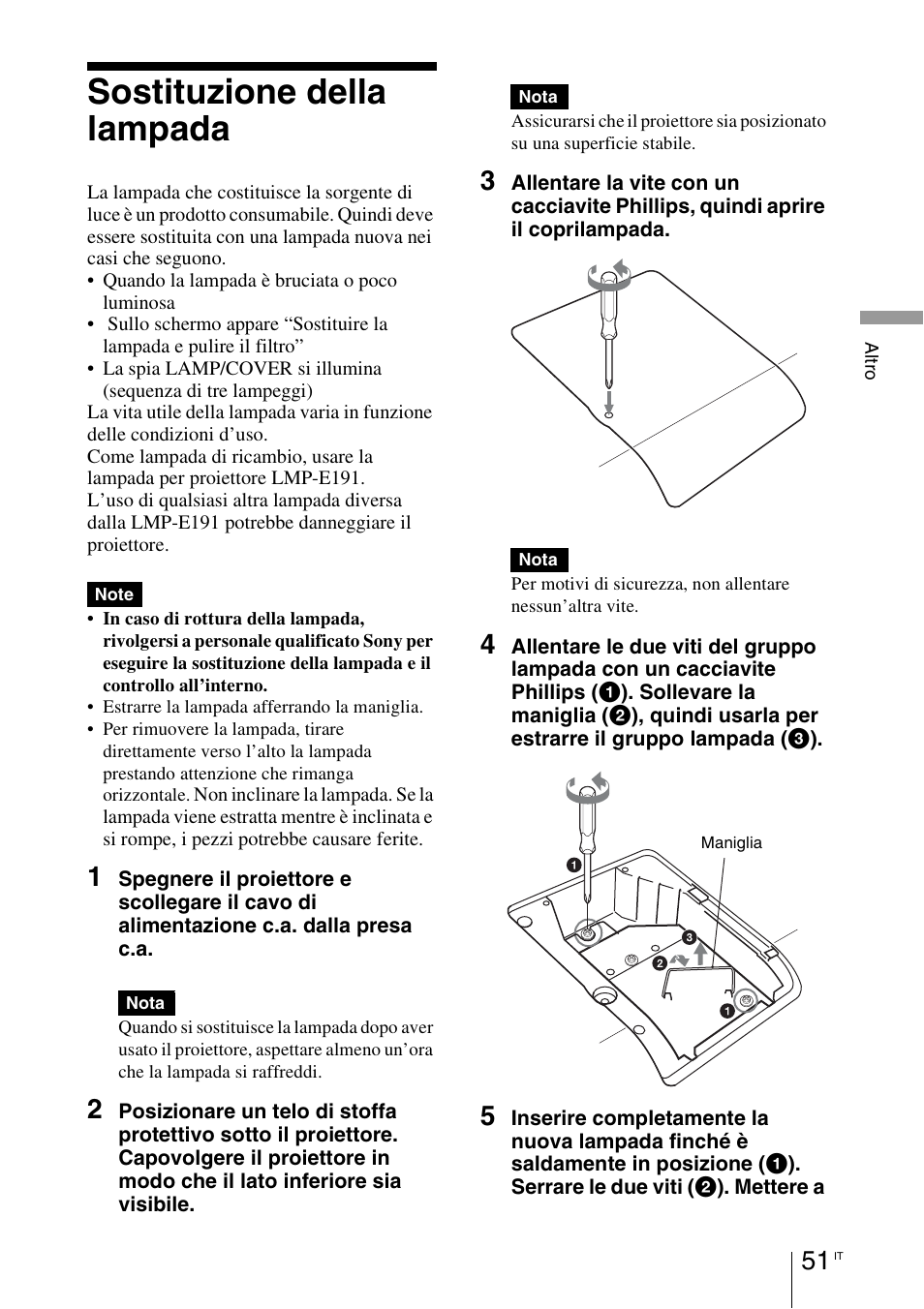 Sostituzione della lampada, 1 pagine 51 e | Sony VPL-BW7 User Manual | Page 243 / 324