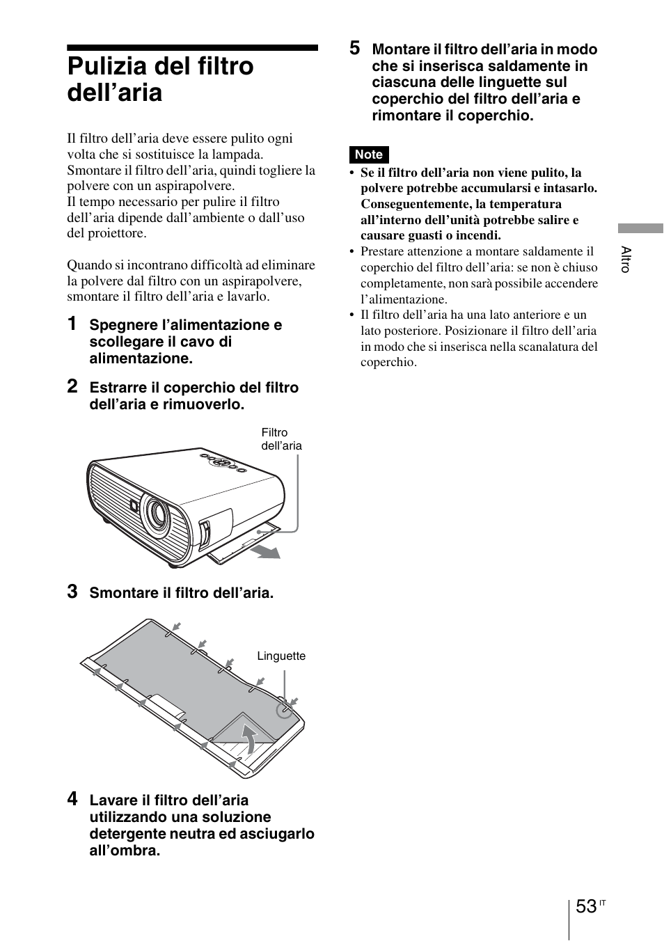 Pulizia del filtro dell’aria, A (1 | Sony VPL-BW7 User Manual | Page 245 / 324