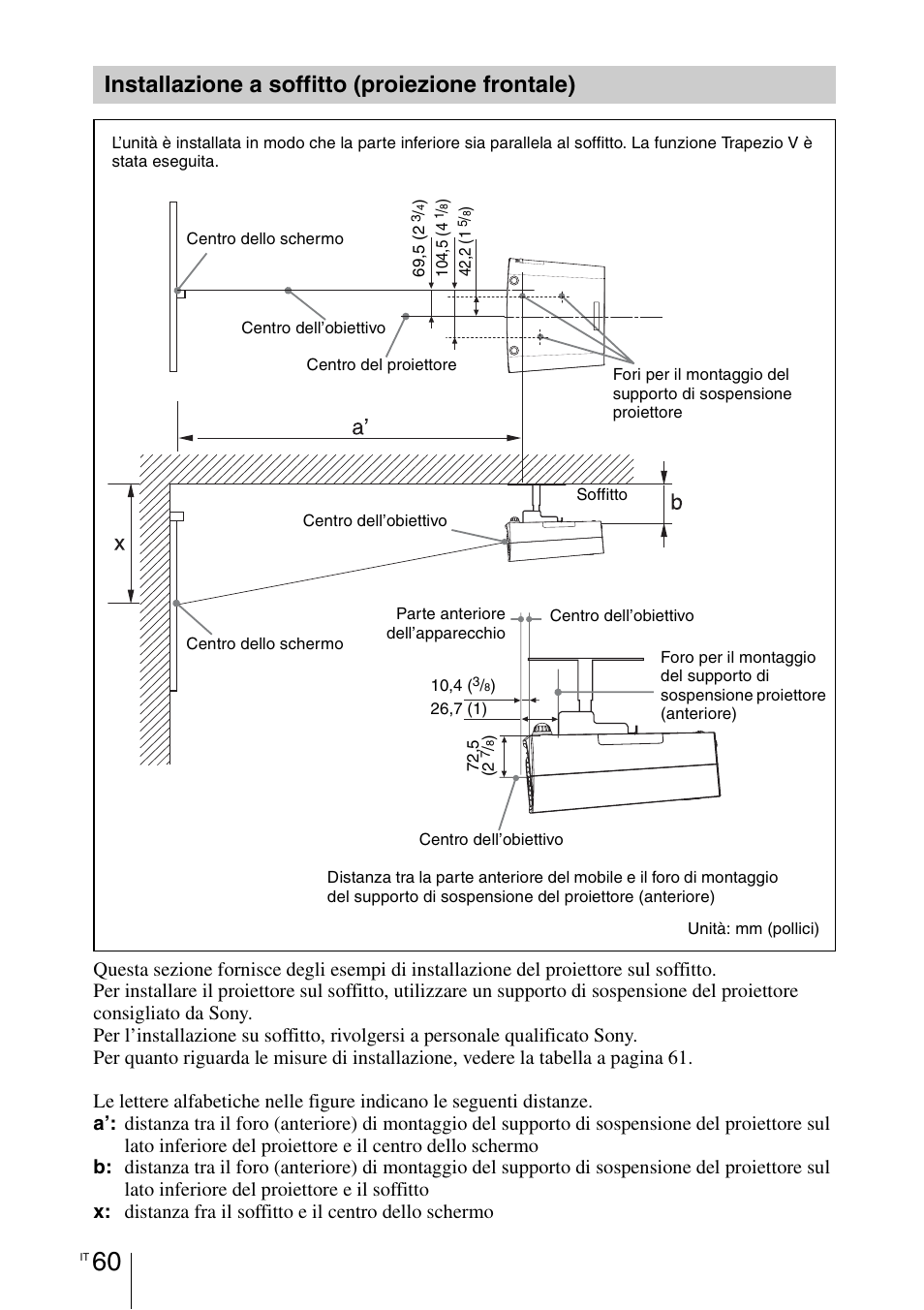 Installazione a soffitto (proiezione frontale), Installazione a soffitto (proiezione, Frontale) | Sony VPL-BW7 User Manual | Page 252 / 324