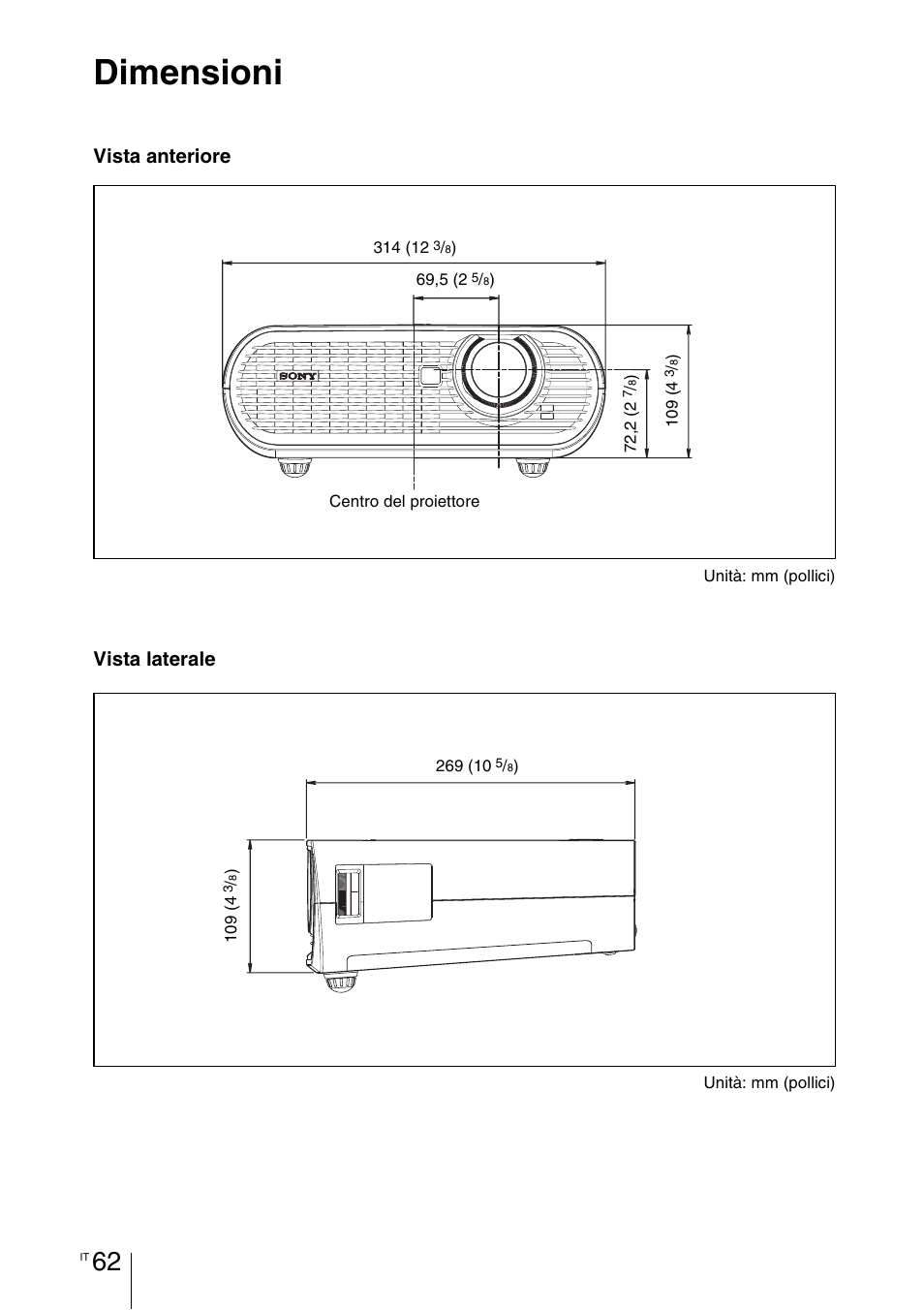 Dimensioni, Vista anteriore, Vista laterale | Sony VPL-BW7 User Manual | Page 254 / 324