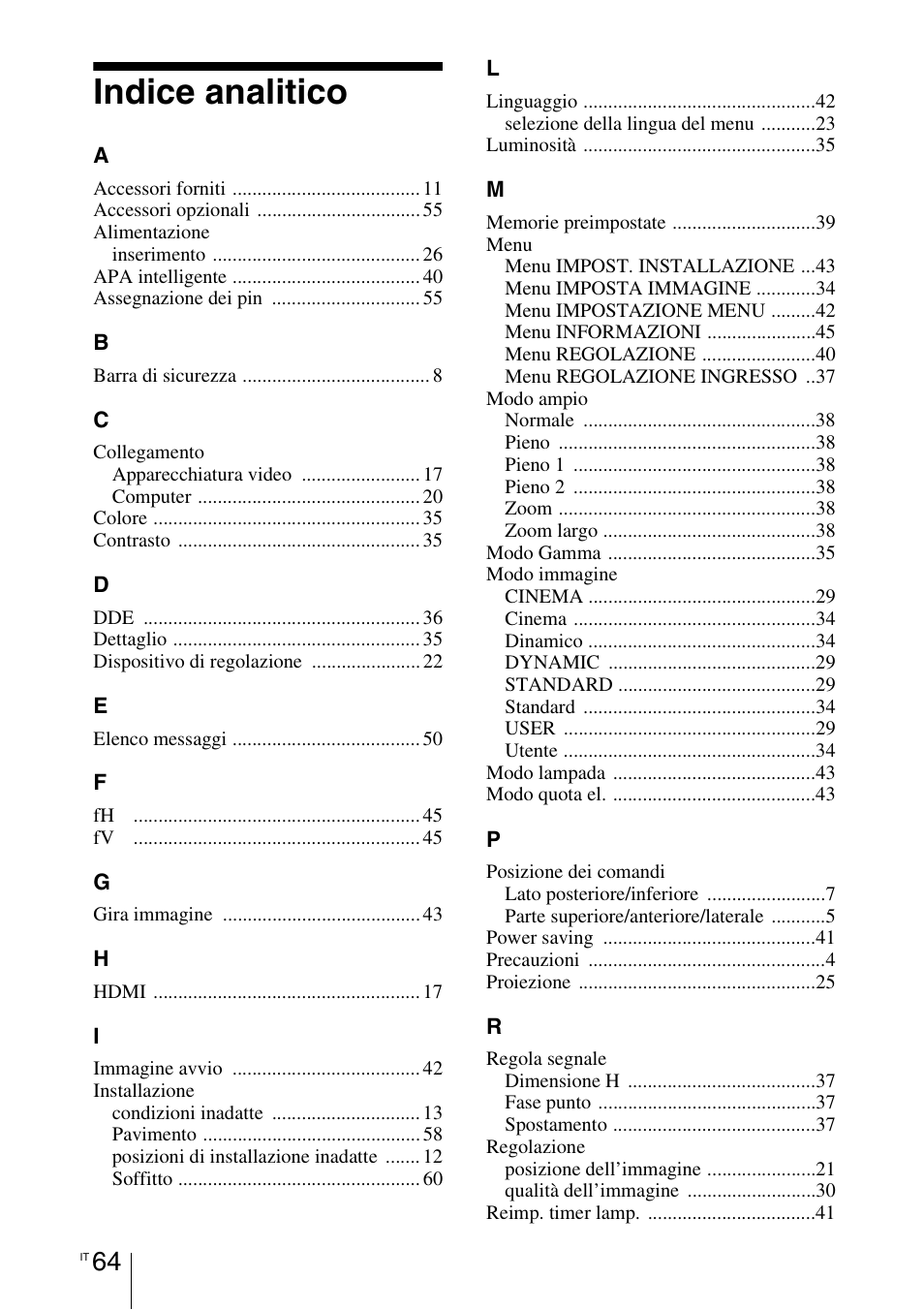 Indice analitico | Sony VPL-BW7 User Manual | Page 256 / 324