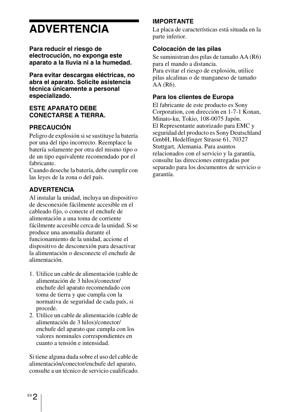 Advertencia | Sony VPL-BW7 User Manual | Page 258 / 324