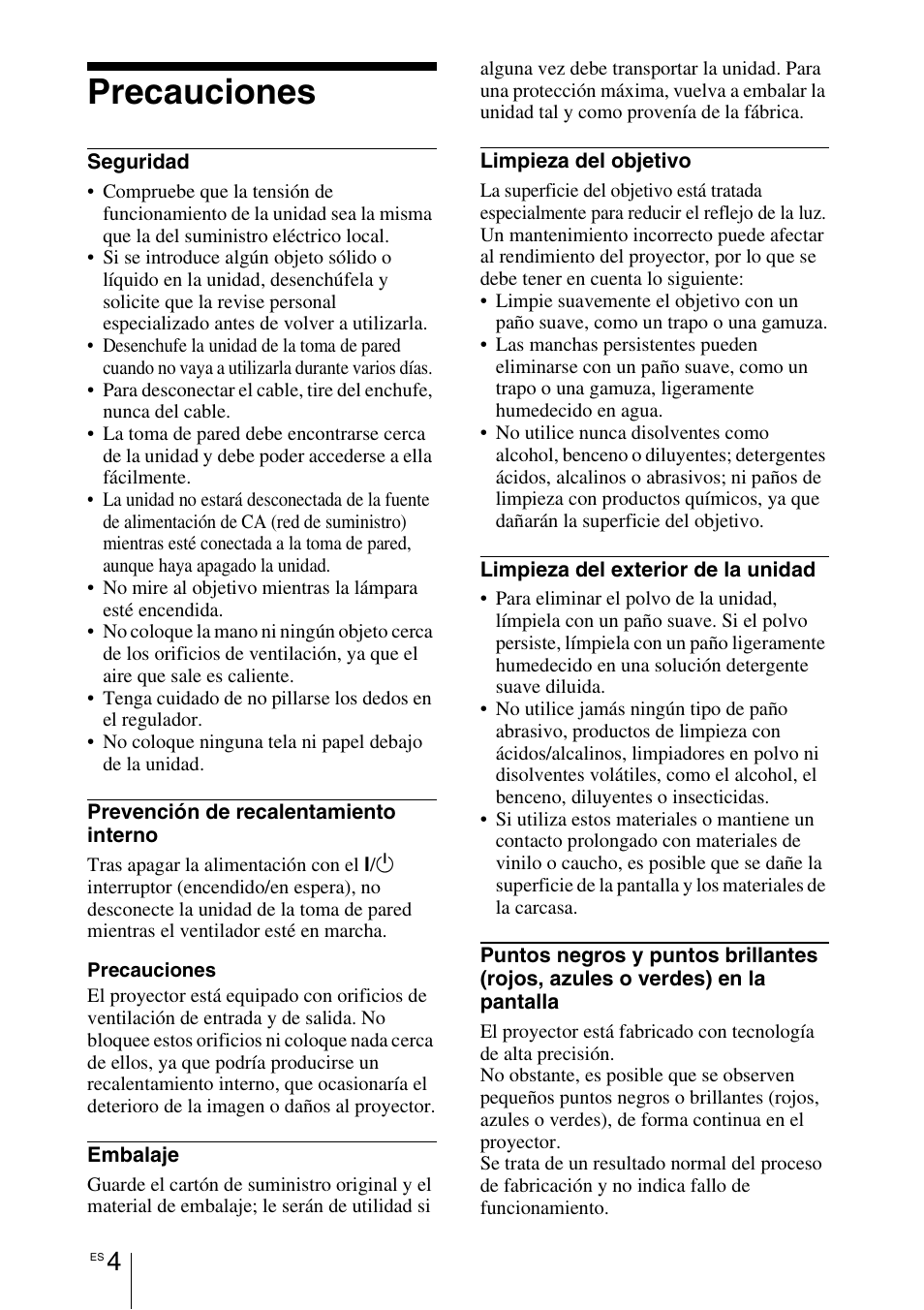 Precauciones | Sony VPL-BW7 User Manual | Page 260 / 324