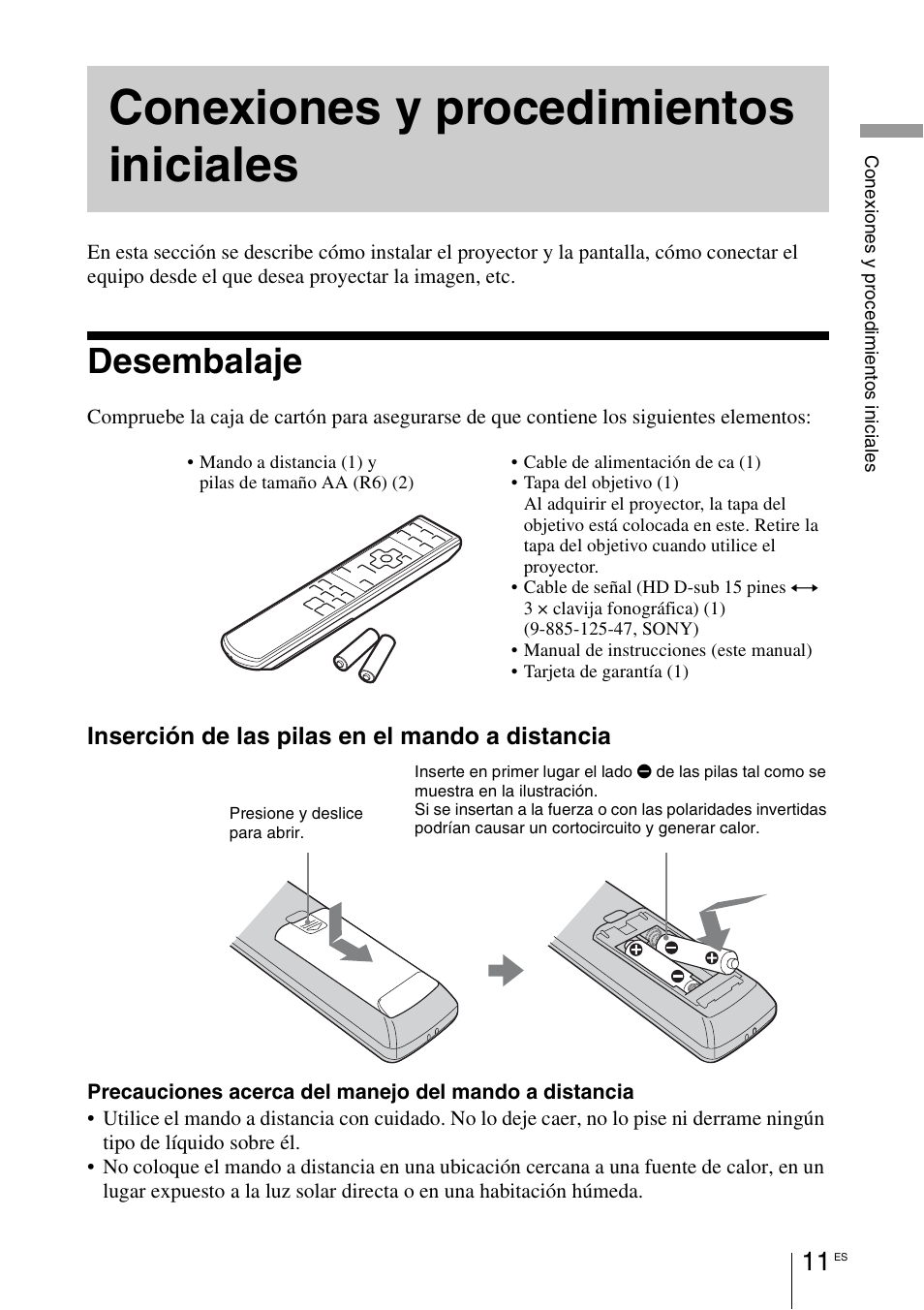 Conexiones y procedimientos iniciales, Desembalaje, Inserción de las pilas en el mando a distancia | Sony VPL-BW7 User Manual | Page 267 / 324