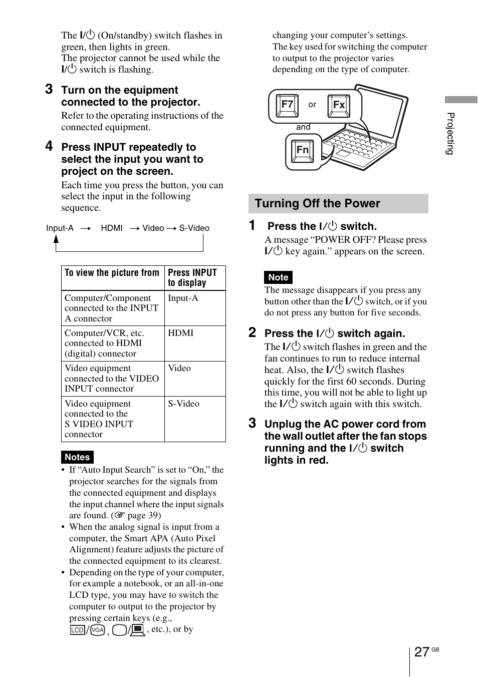 Turning off the power | Sony VPL-BW7 User Manual | Page 27 / 324