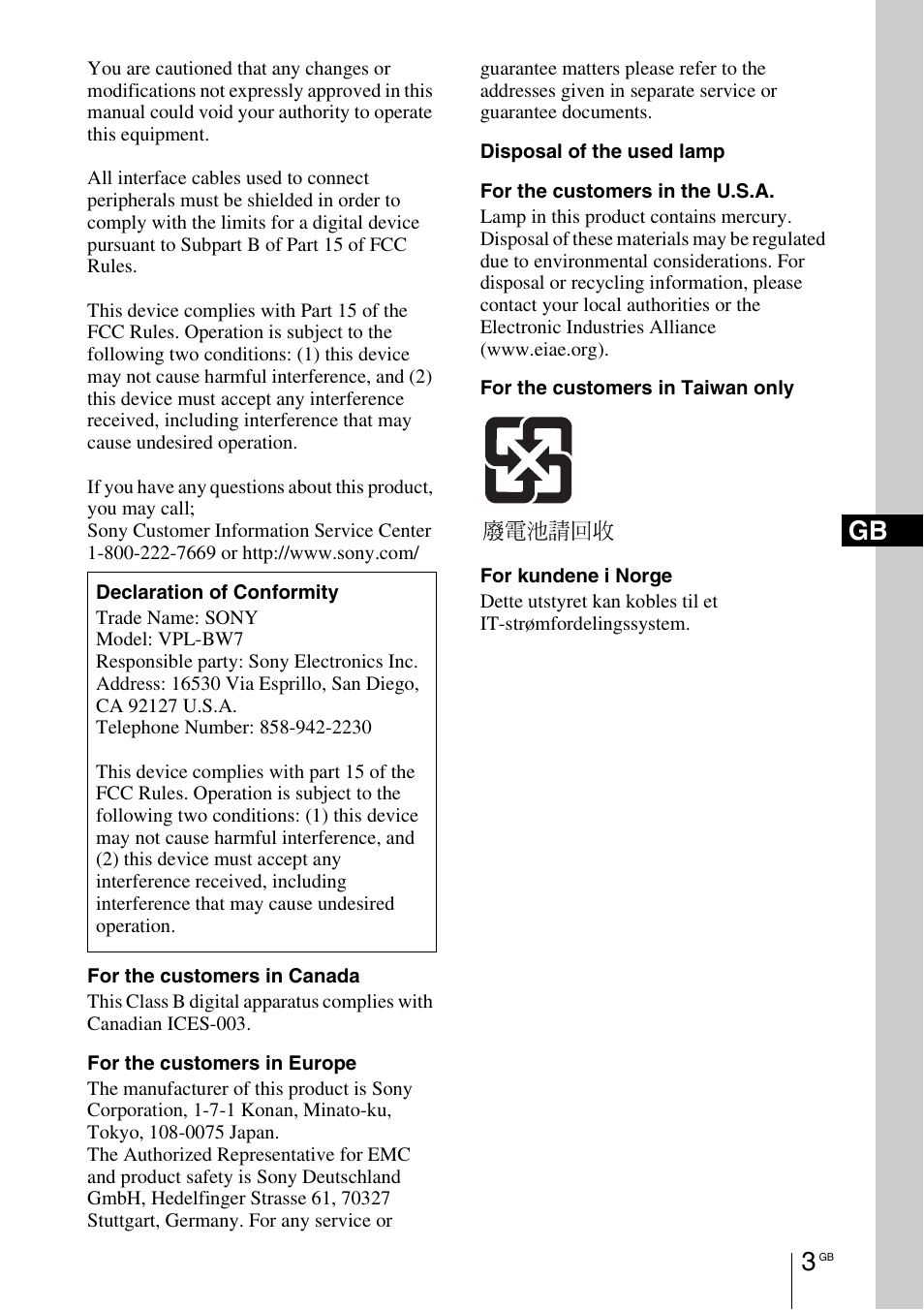 Sony VPL-BW7 User Manual | Page 3 / 324