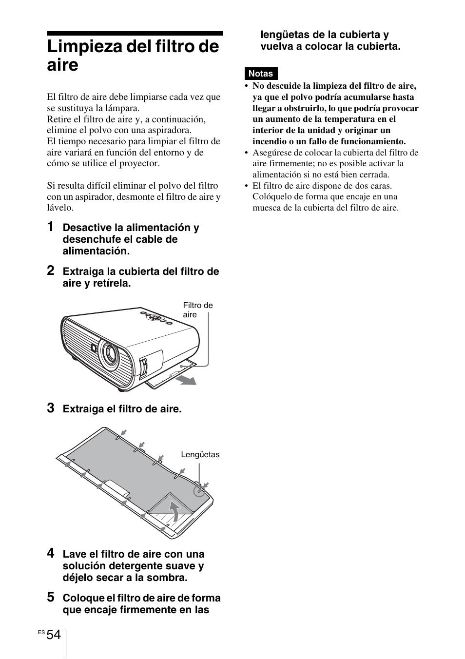 Limpieza del filtro de aire, Y 54) | Sony VPL-BW7 User Manual | Page 310 / 324