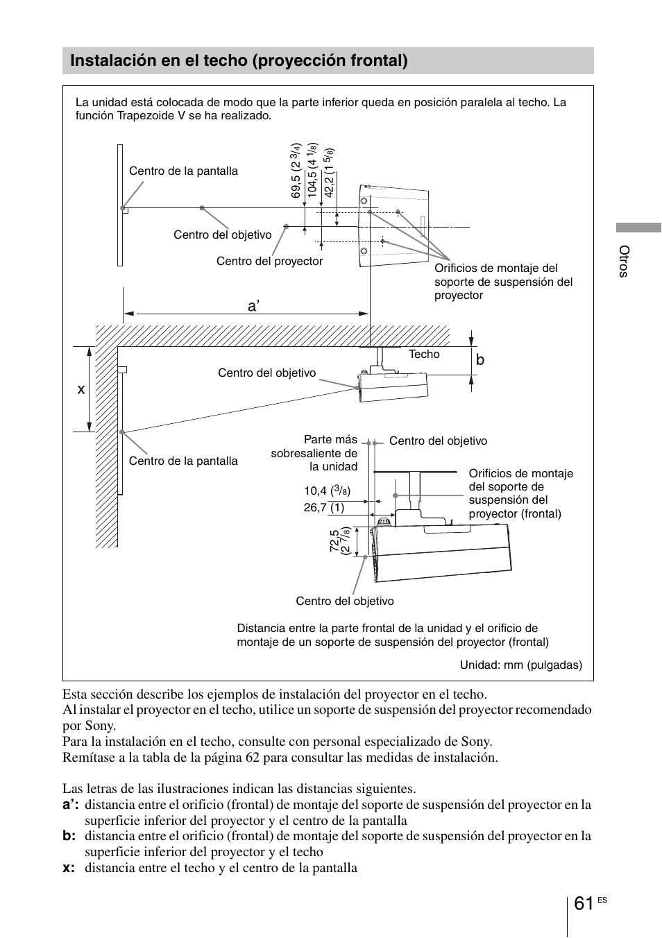 Instalación en el techo (proyección frontal), Instalación en el techo (proyección, Frontal) | Sony VPL-BW7 User Manual | Page 317 / 324