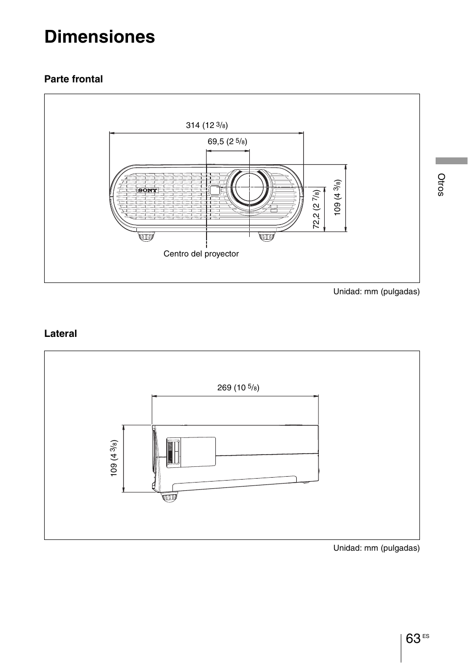 Dimensiones, Parte frontal, Lateral | Sony VPL-BW7 User Manual | Page 319 / 324