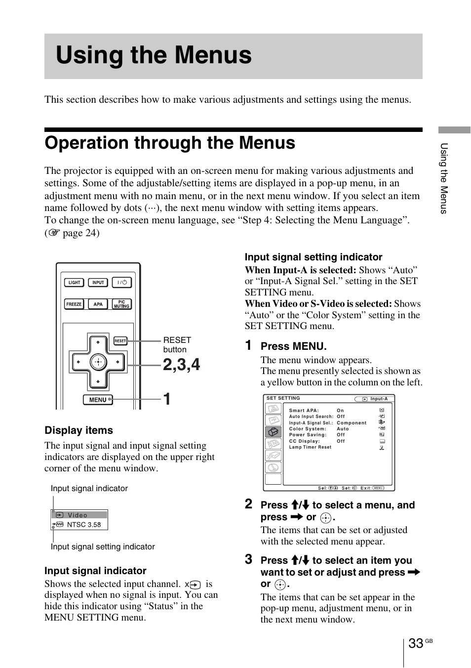 Using the menus, Operation through the menus | Sony VPL-BW7 User Manual | Page 33 / 324