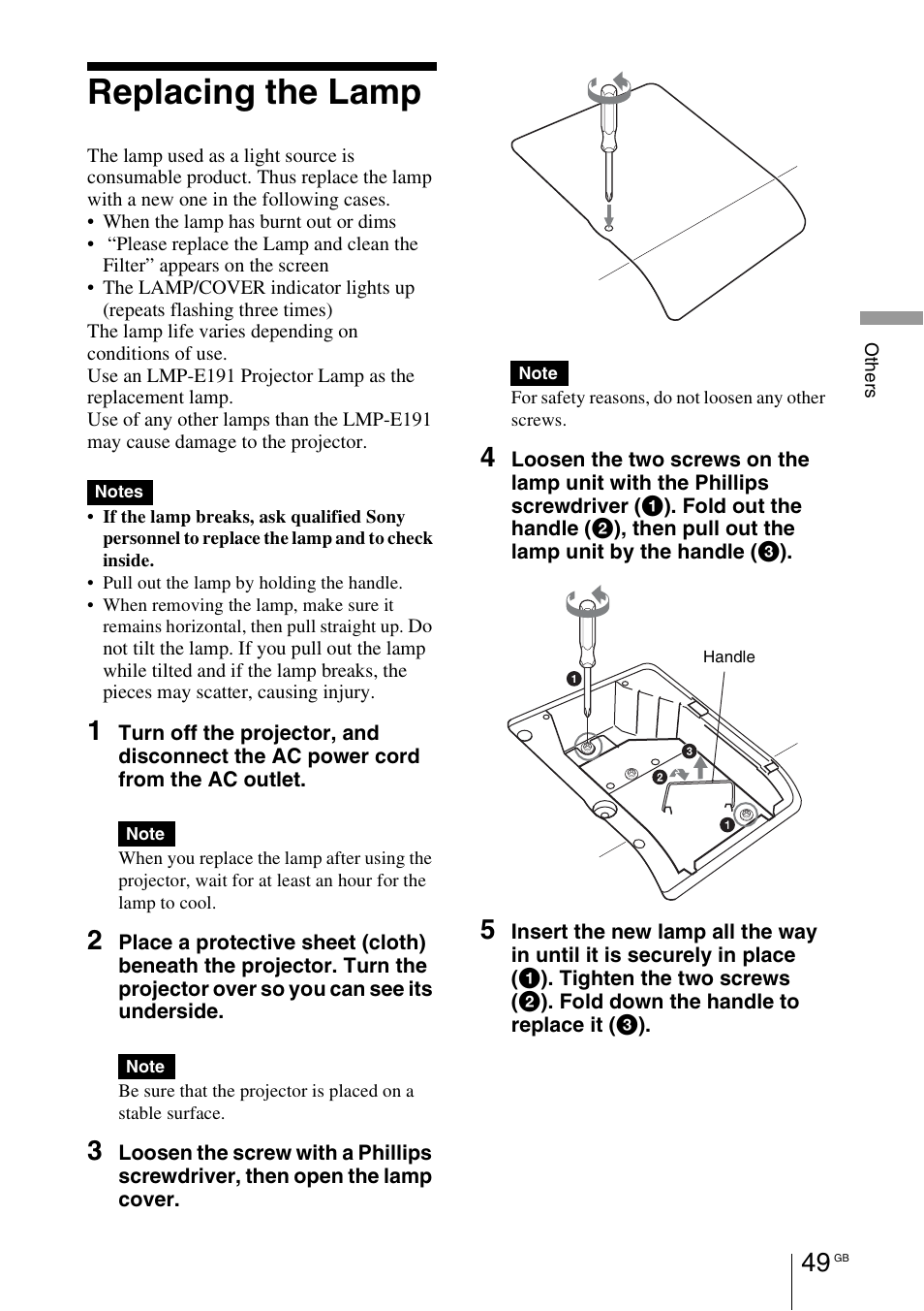 Replacing the lamp | Sony VPL-BW7 User Manual | Page 49 / 324