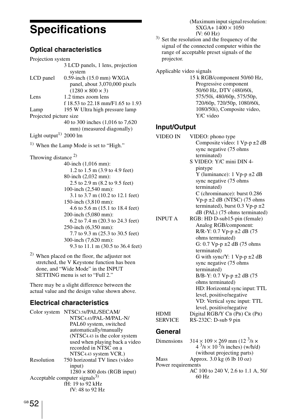 Specifications, Optical characteristics, Electrical characteristics | Input/output, General | Sony VPL-BW7 User Manual | Page 52 / 324