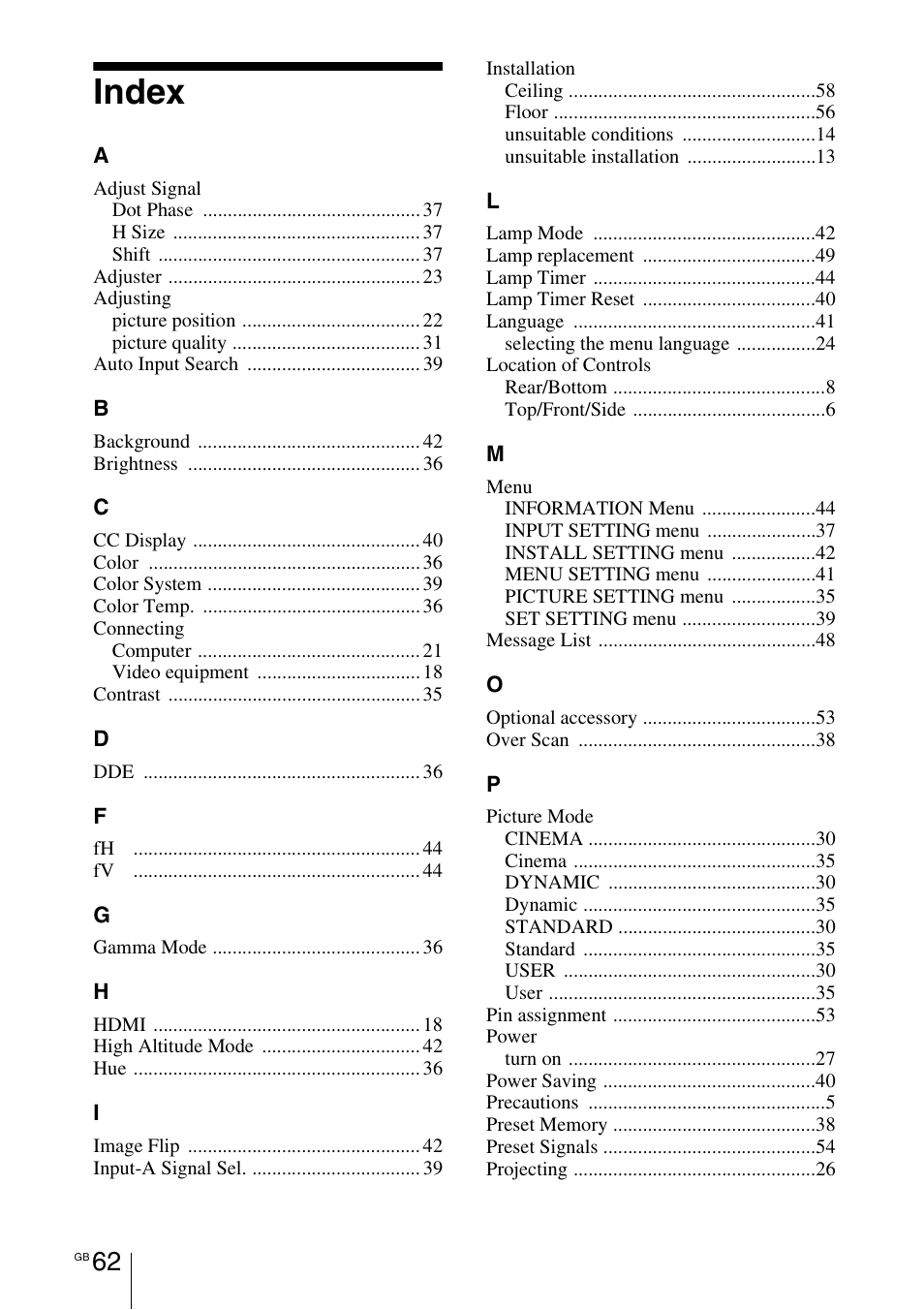 Index | Sony VPL-BW7 User Manual | Page 62 / 324