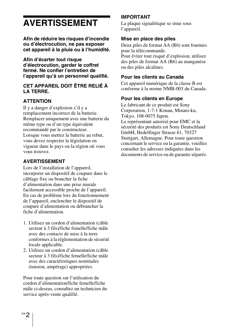 Avertissement | Sony VPL-BW7 User Manual | Page 64 / 324