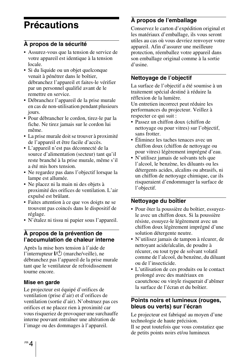 Précautions | Sony VPL-BW7 User Manual | Page 66 / 324